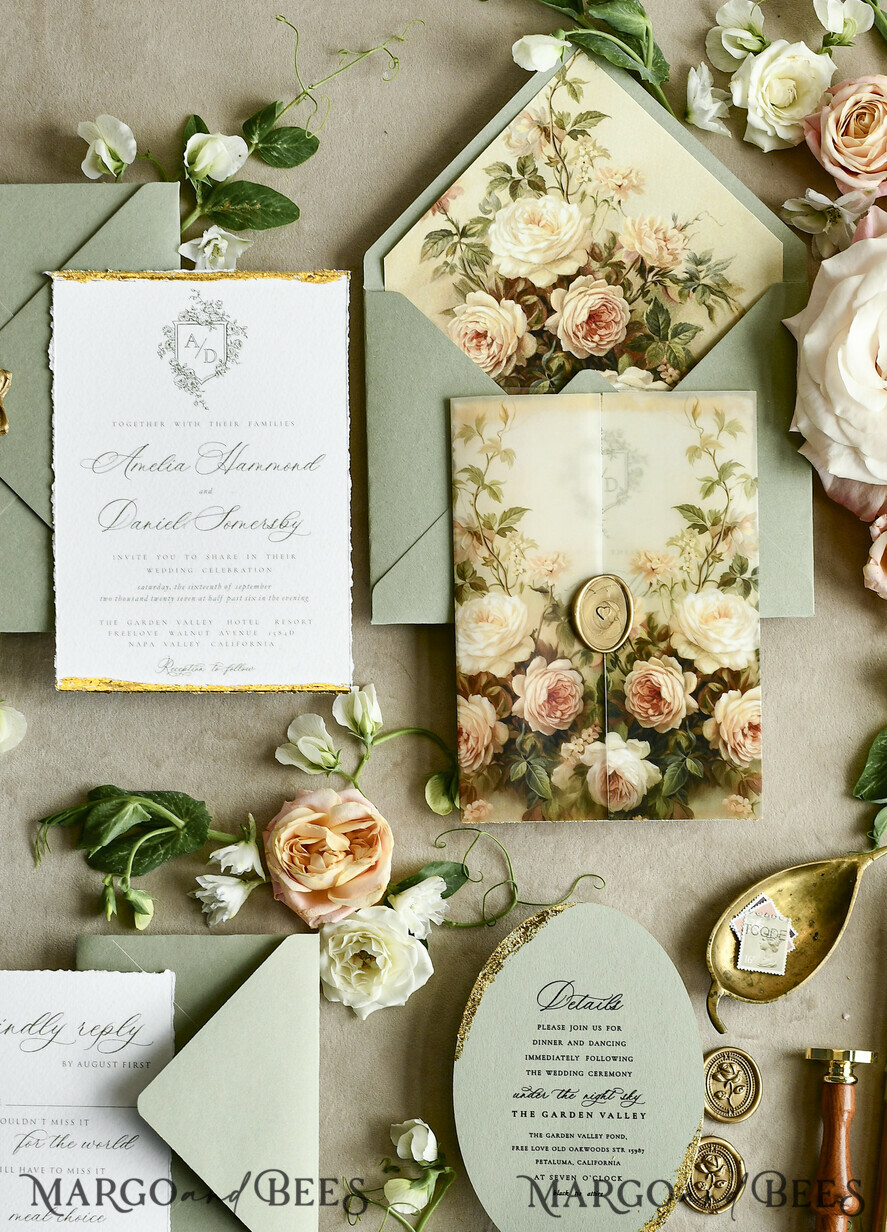 WEDDING INVITATIONS modern calligraphy / fine art Sage Green Fine Art Wedding Invitations – Deckled Edge Invitations with Silk Ribbon, Wax Seal & RSVP Options