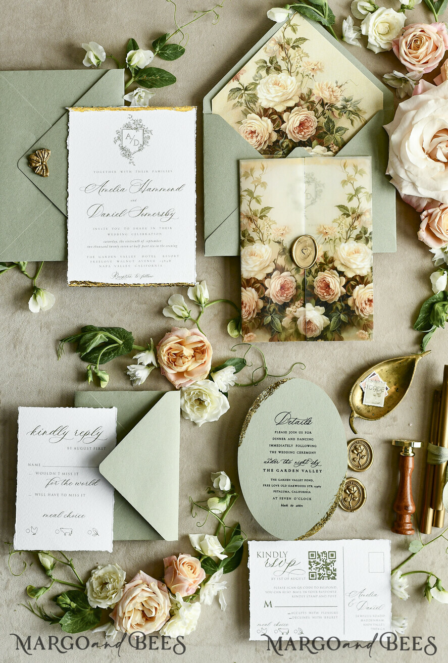 WEDDING INVITATIONS modern calligraphy / fine art Sage Green Fine Art Wedding Invitations – Deckled Edge Invitations with Silk Ribbon, Wax Seal & RSVP Options
