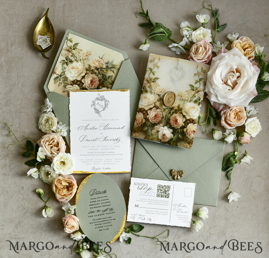 WEDDING INVITATIONS modern calligraphy / fine art Sage Green Fine Art Wedding Invitations – Deckled Edge Invitations with Silk Ribbon, Wax Seal & RSVP Options