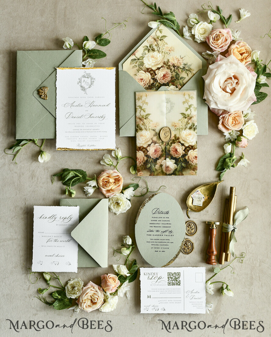 WEDDING INVITATIONS modern calligraphy / fine art Sage Green Fine Art Wedding Invitations – Deckled Edge Invitations with Silk Ribbon, Wax Seal & RSVP Options