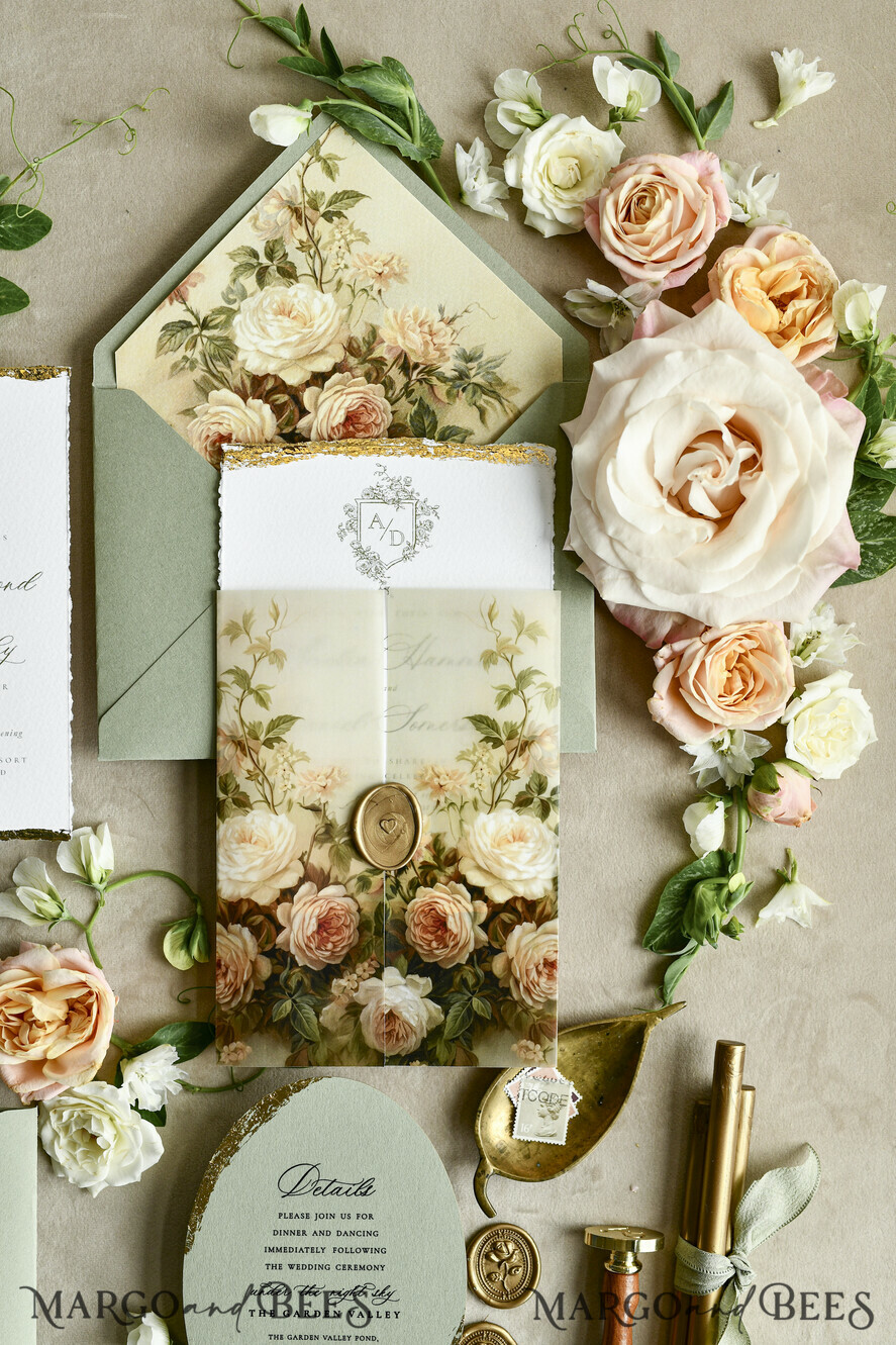 WEDDING INVITATIONS modern calligraphy / fine art Sage Green Fine Art Wedding Invitations – Deckled Edge Invitations with Silk Ribbon, Wax Seal & RSVP Options
