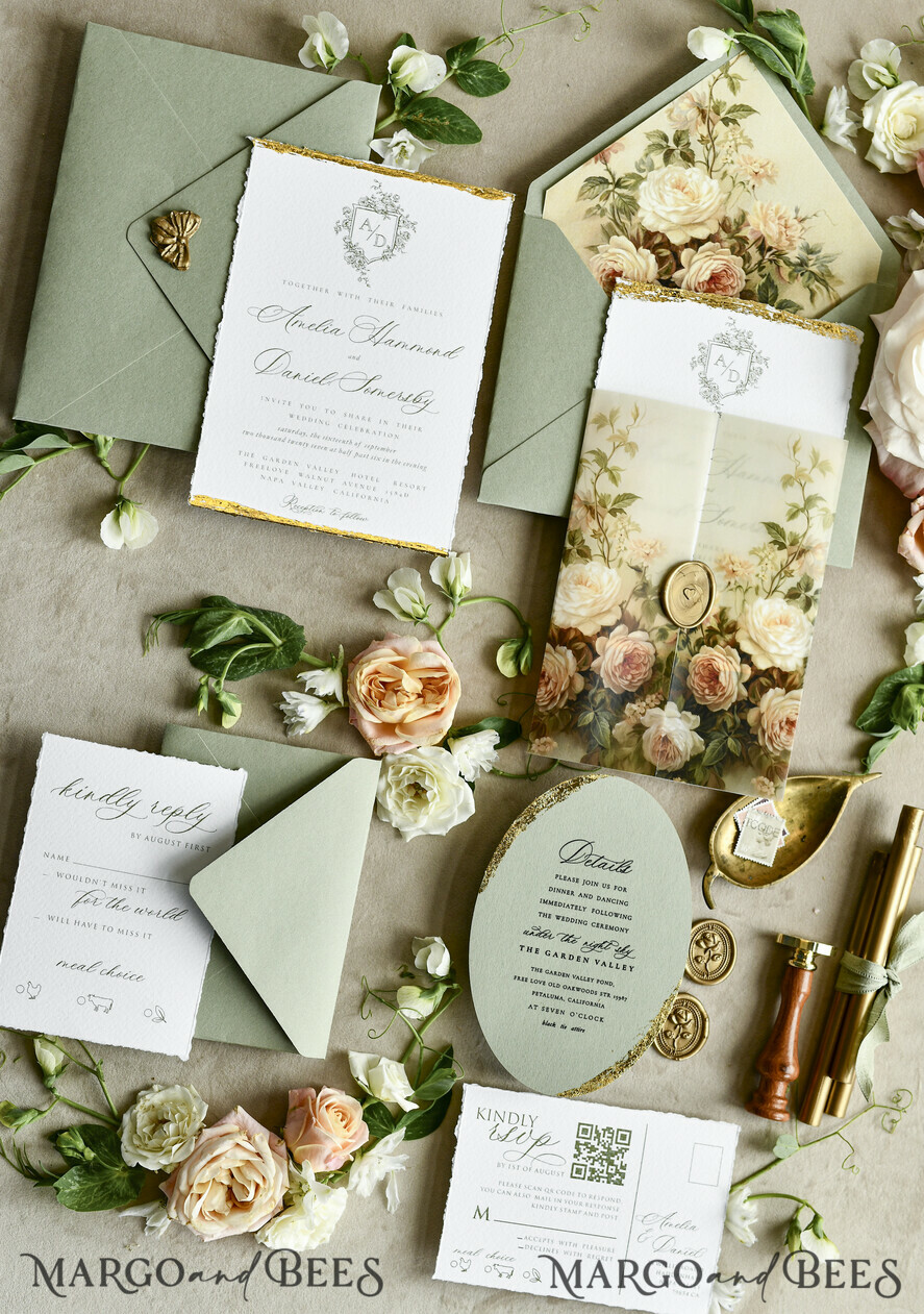 WEDDING INVITATIONS modern calligraphy / fine art Sage Green Fine Art Wedding Invitations – Deckled Edge Invitations with Silk Ribbon, Wax Seal & RSVP Options