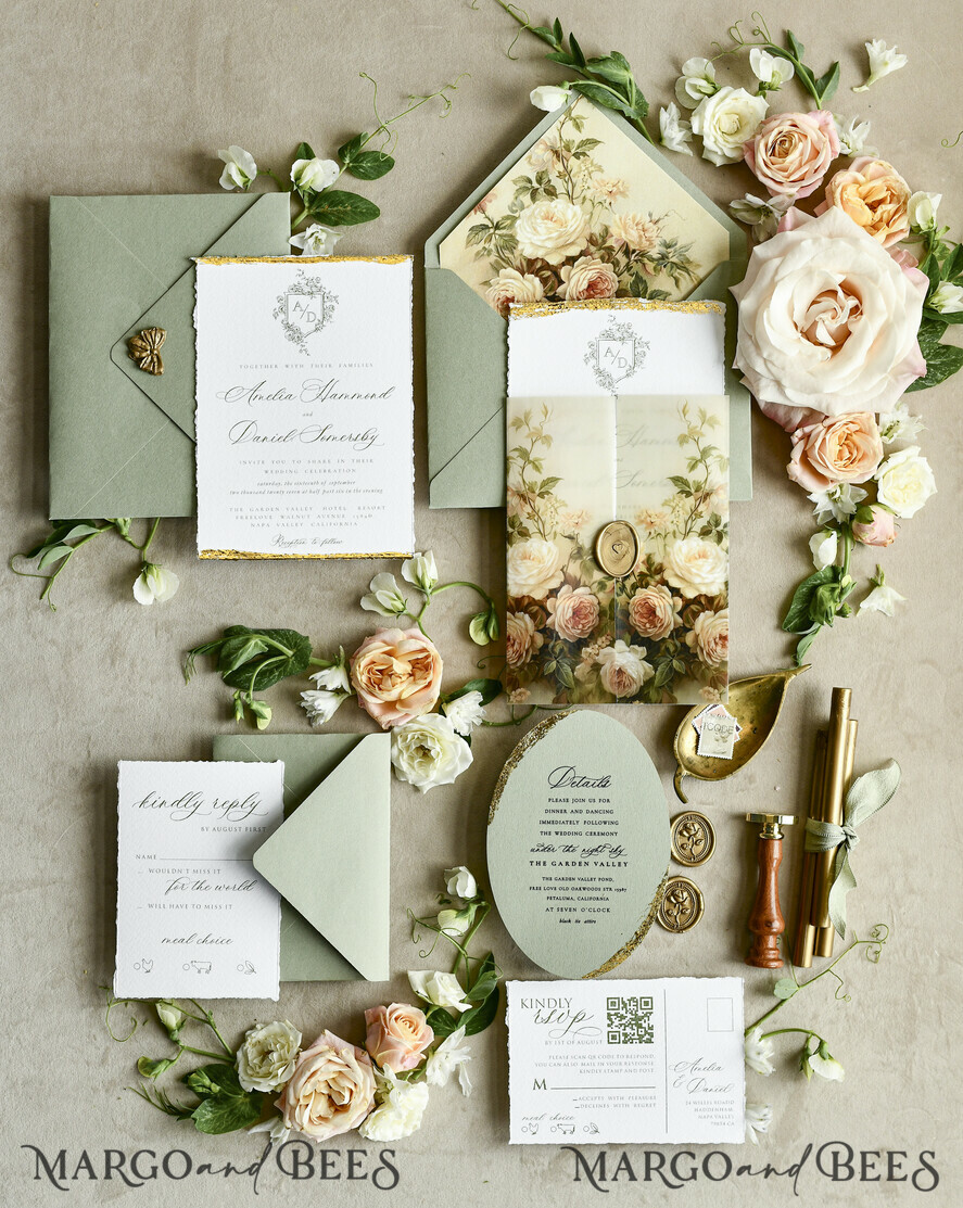 WEDDING INVITATIONS modern calligraphy / fine art Sage Green Fine Art Wedding Invitations – Deckled Edge Invitations with Silk Ribbon, Wax Seal & RSVP Options