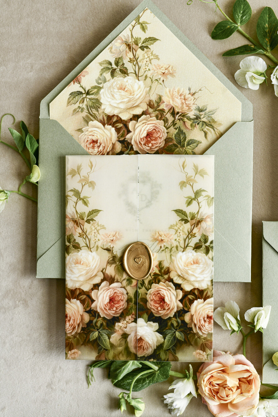WEDDING INVITATIONS modern calligraphy / fine art Sage Green Fine Art Wedding Invitations – Deckled Edge Invitations with Silk Ribbon, Wax Seal & RSVP Options
