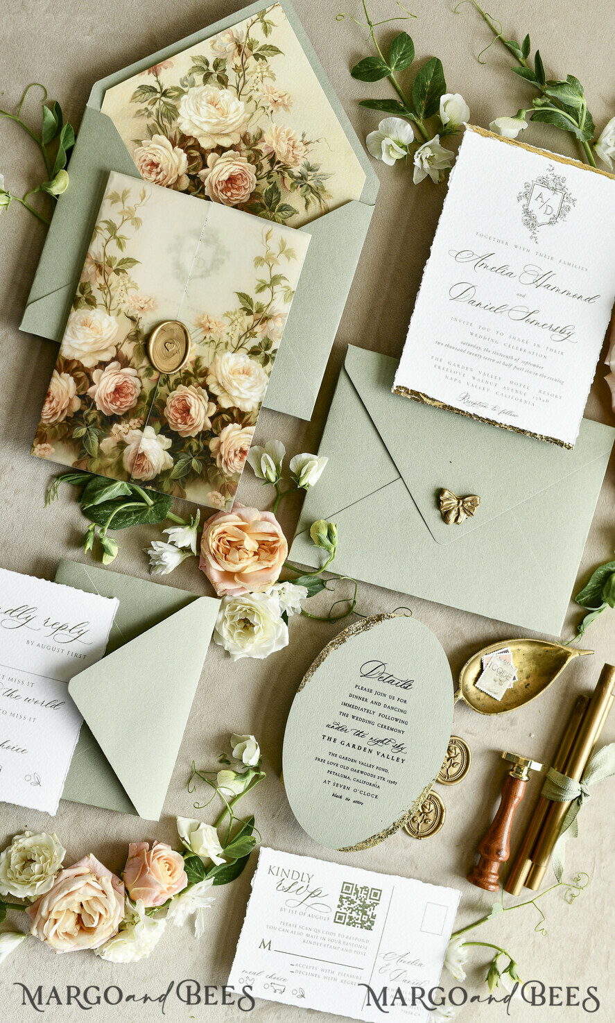 WEDDING INVITATIONS modern calligraphy / fine art Sage Green Fine Art Wedding Invitations – Deckled Edge Invitations with Silk Ribbon, Wax Seal & RSVP Options