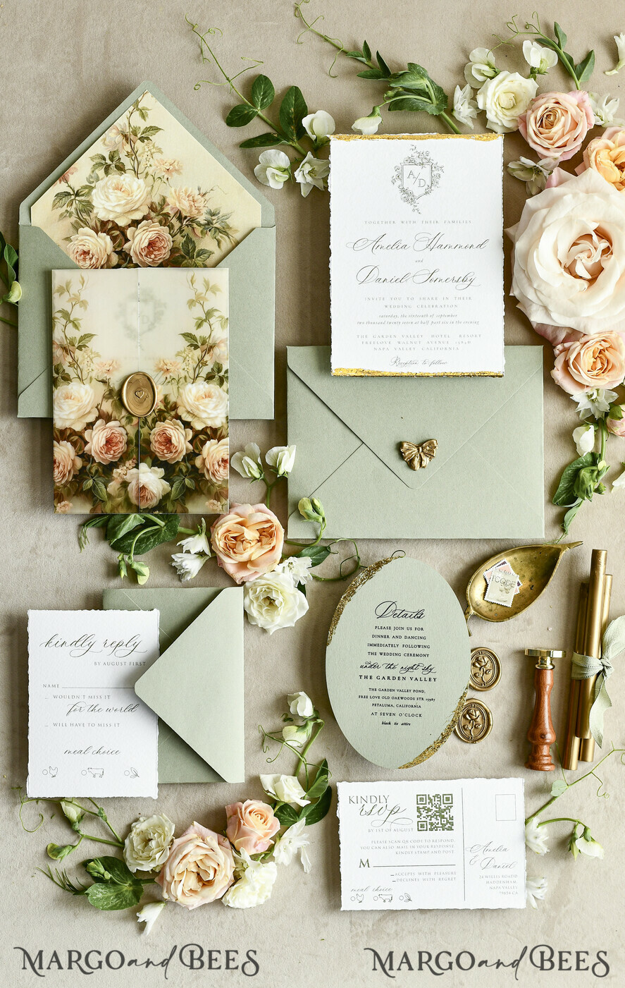 WEDDING INVITATIONS modern calligraphy / fine art Sage Green Fine Art Wedding Invitations – Deckled Edge Invitations with Silk Ribbon, Wax Seal & RSVP Options