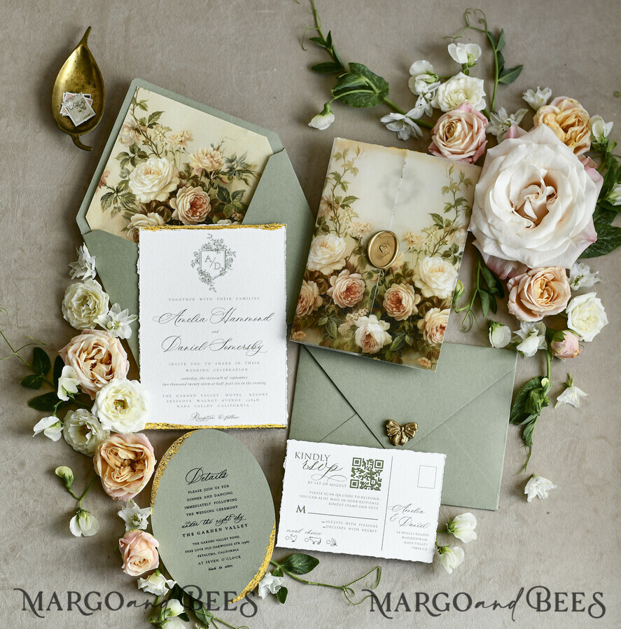 WEDDING INVITATIONS modern calligraphy / fine art Sage Green Fine Art Wedding Invitations – Deckled Edge Invitations with Silk Ribbon, Wax Seal & RSVP Options