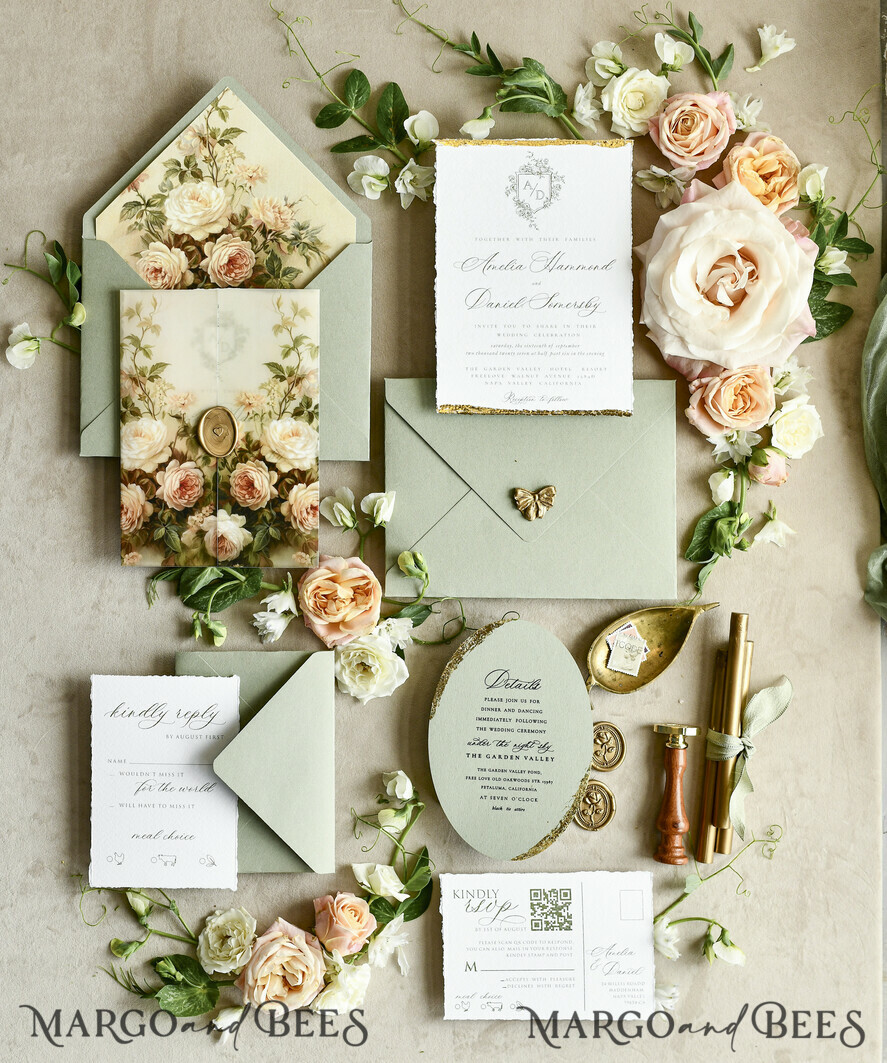 WEDDING INVITATIONS modern calligraphy / fine art Sage Green Fine Art Wedding Invitations – Deckled Edge Invitations with Silk Ribbon, Wax Seal & RSVP Options