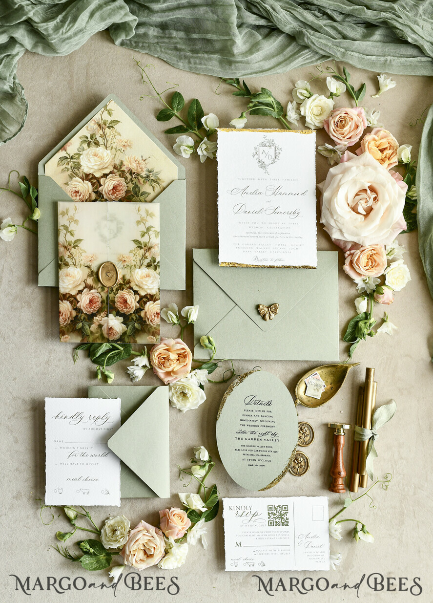 WEDDING INVITATIONS modern calligraphy / fine art Sage Green Fine Art Wedding Invitations – Deckled Edge Invitations with Silk Ribbon, Wax Seal & RSVP Options