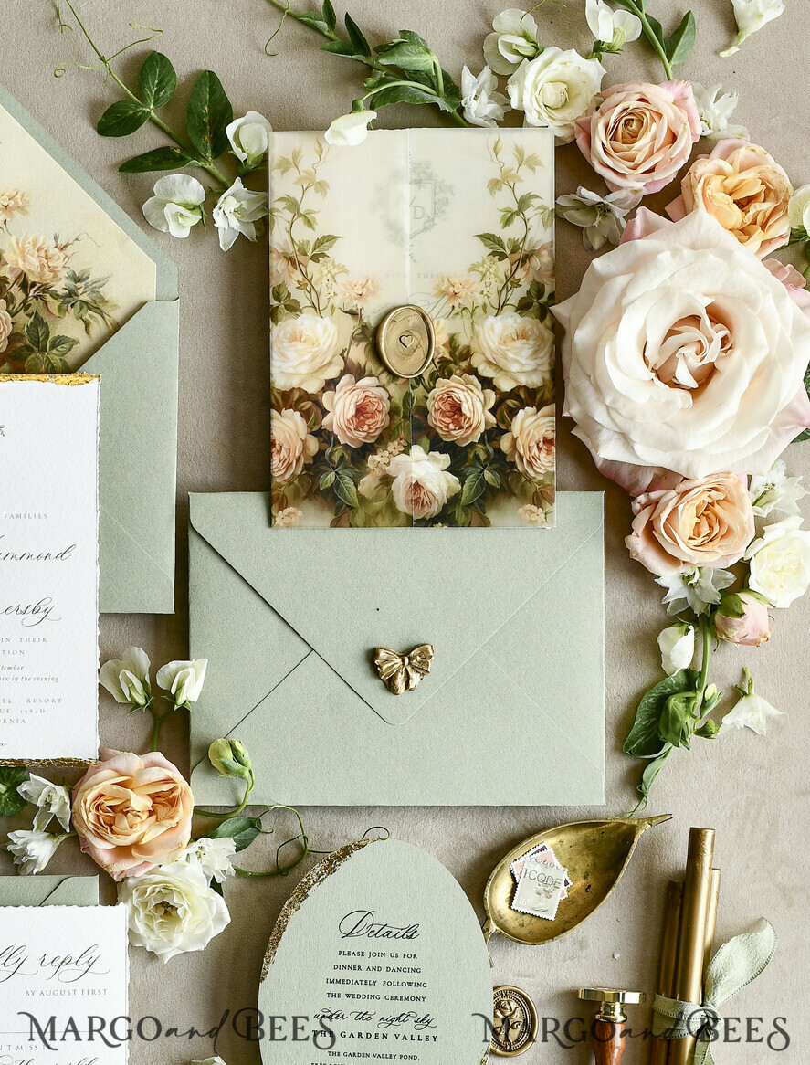 WEDDING INVITATIONS modern calligraphy / fine art Sage Green Fine Art Wedding Invitations – Deckled Edge Invitations with Silk Ribbon, Wax Seal & RSVP Options