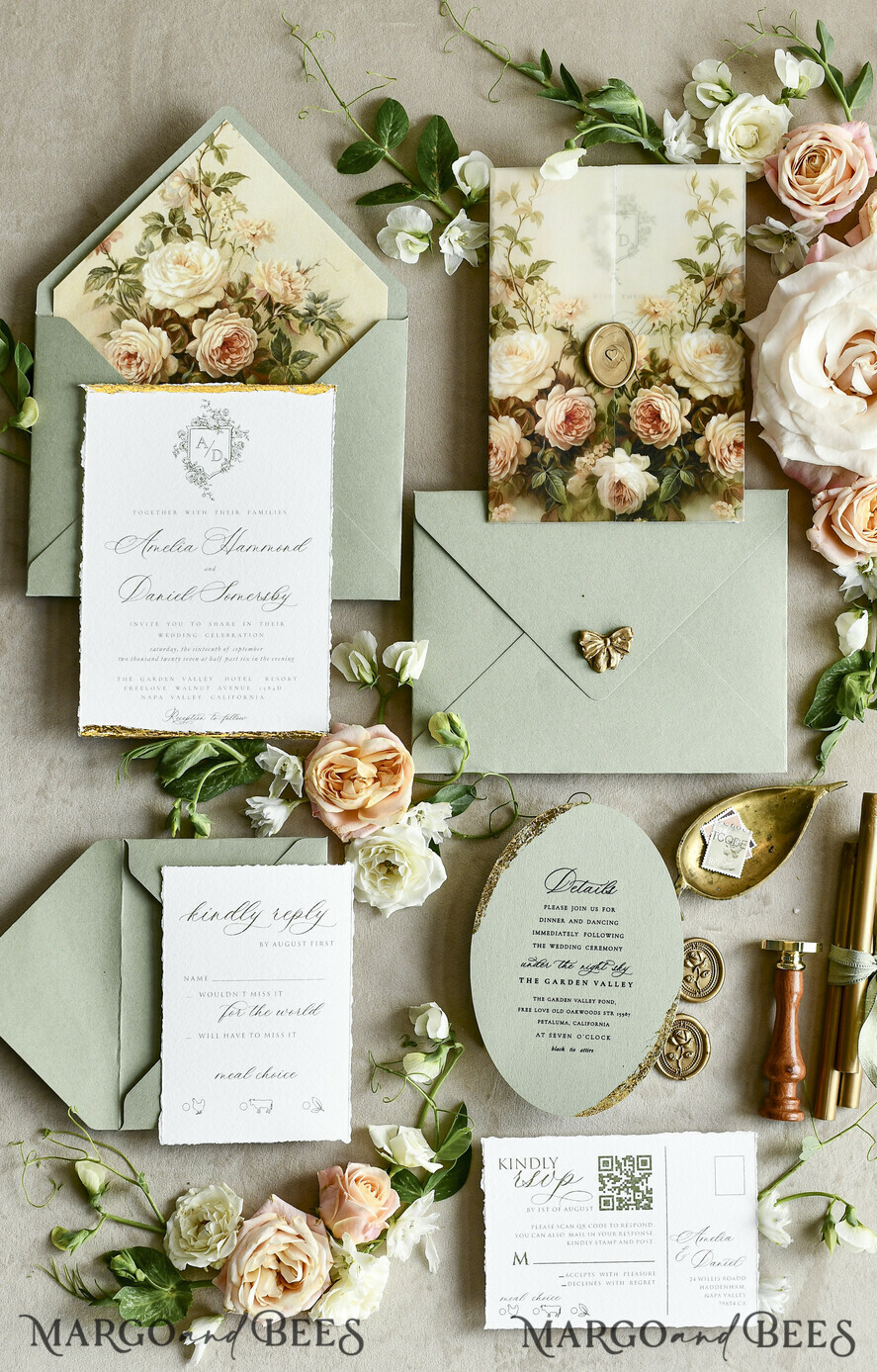 WEDDING INVITATIONS modern calligraphy / fine art Sage Green Fine Art Wedding Invitations – Deckled Edge Invitations with Silk Ribbon, Wax Seal & RSVP Options