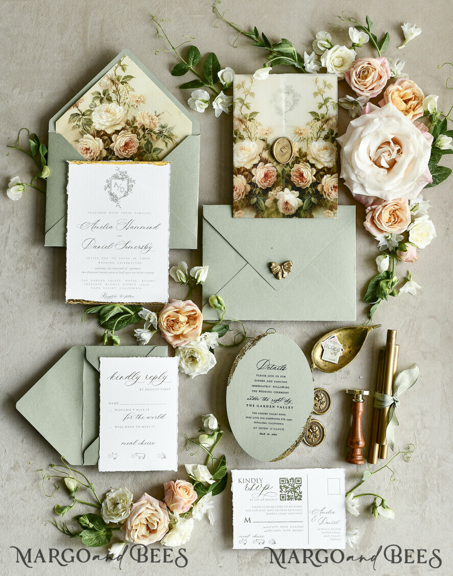 WEDDING INVITATIONS modern calligraphy / fine art Sage Green Fine Art Wedding Invitations – Deckled Edge Invitations with Silk Ribbon, Wax Seal & RSVP Options