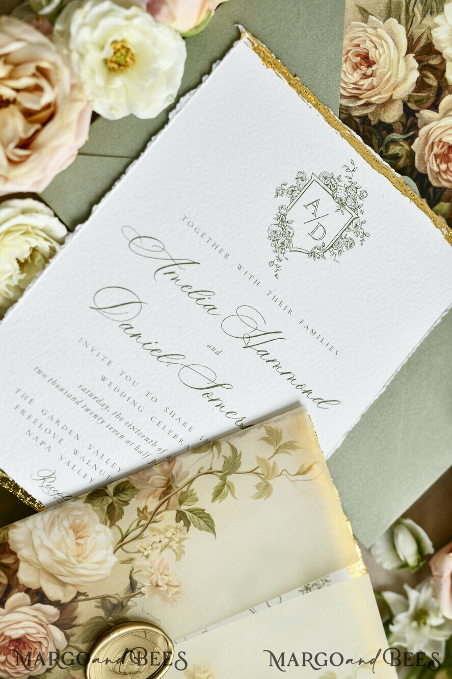 WEDDING INVITATIONS modern calligraphy / fine art Sage Green Fine Art Wedding Invitations – Deckled Edge Invitations with Silk Ribbon, Wax Seal & RSVP Options