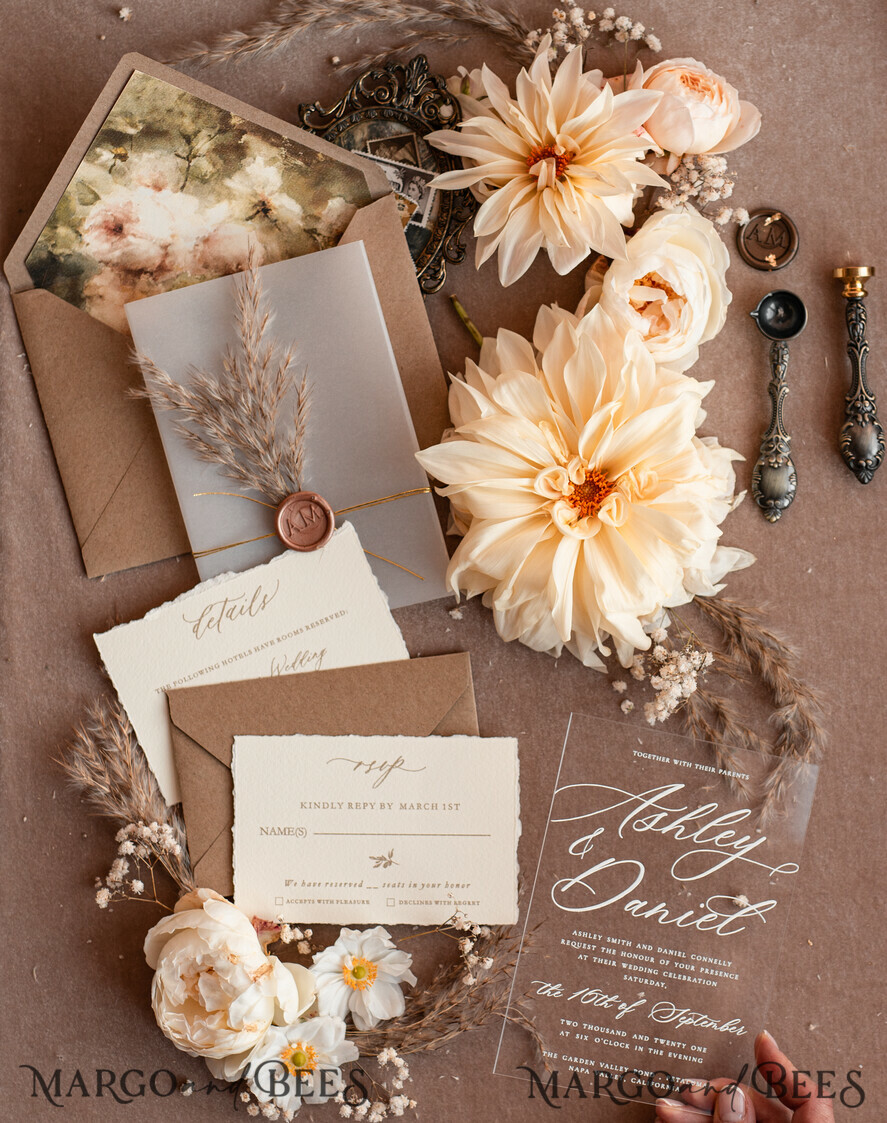 WEDDING INVITATIONS modern calligraphy / fine art Fine Art Acrylic Wedding Invitation, Real Pampas Grass Floral Wedding Invitation, French Provence Invitation suite, Neutral Pampas Grass Boho wedding invitation suite, Deckled Edge Invites, Torn Edge Wedding Invitations, Fine Art Wax Seal Wedding Invitation Suite