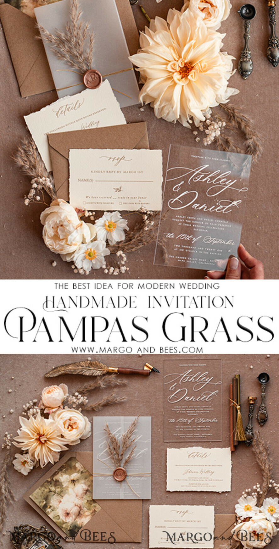 WEDDING INVITATIONS modern calligraphy / fine art Fine Art Acrylic Wedding Invitation, Real Pampas Grass Floral Wedding Invitation, French Provence Invitation suite, Neutral Pampas Grass Boho wedding invitation suite, Deckled Edge Invites, Torn Edge Wedding Invitations, Fine Art Wax Seal Wedding Invitation Suite