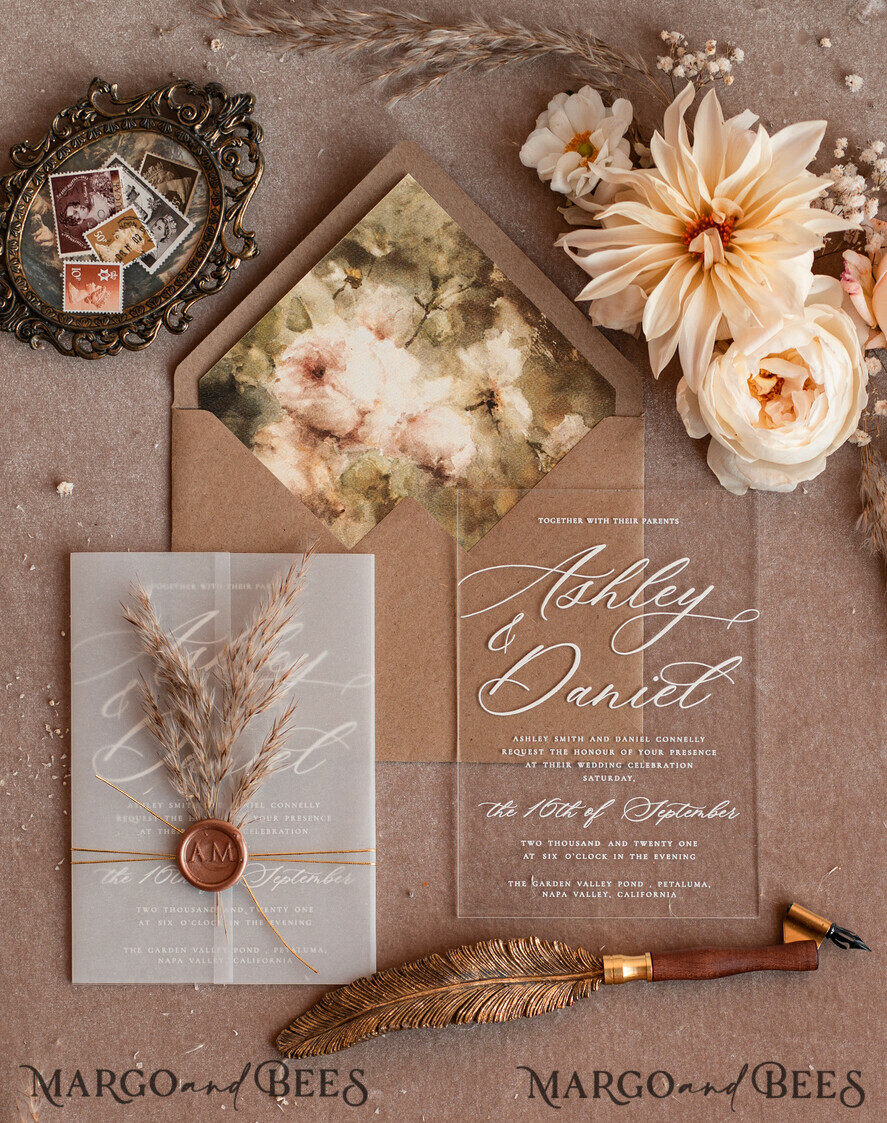 WEDDING INVITATIONS modern calligraphy / fine art Fine Art Acrylic Wedding Invitation, Real Pampas Grass Floral Wedding Invitation, French Provence Invitation suite, Neutral Pampas Grass Boho wedding invitation suite, Deckled Edge Invites, Torn Edge Wedding Invitations, Fine Art Wax Seal Wedding Invitation Suite