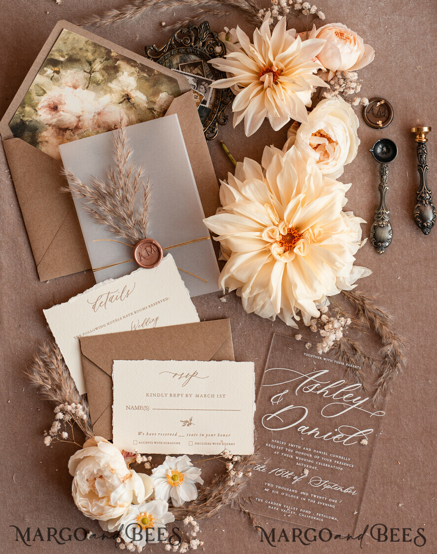 WEDDING INVITATIONS modern calligraphy / fine art Fine Art Acrylic Wedding Invitation, Real Pampas Grass Floral Wedding Invitation, French Provence Invitation suite, Neutral Pampas Grass Boho wedding invitation suite, Deckled Edge Invites, Torn Edge Wedding Invitations, Fine Art Wax Seal Wedding Invitation Suite