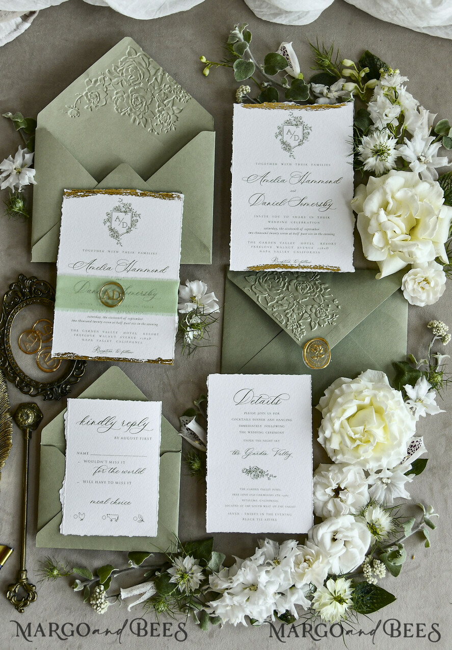 WEDDING INVITATIONS modern calligraphy / fine art Sage Green Fine Art Wedding Invitations – Deckled Edge Invitations with Silk Ribbon, Wax Seal & RSVP Options