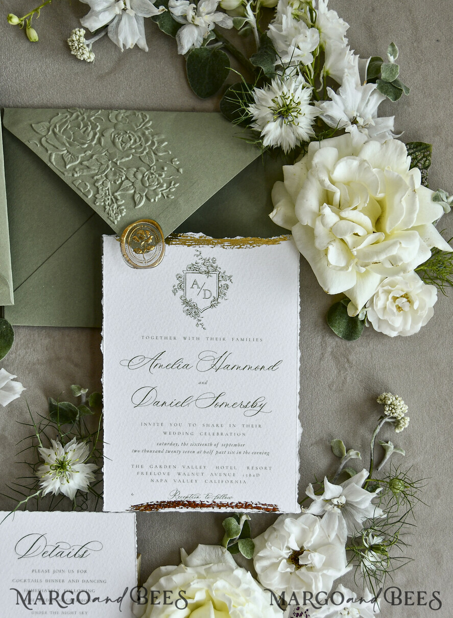 WEDDING INVITATIONS modern calligraphy / fine art Sage Green Fine Art Wedding Invitations – Deckled Edge Invitations with Silk Ribbon, Wax Seal & RSVP Options