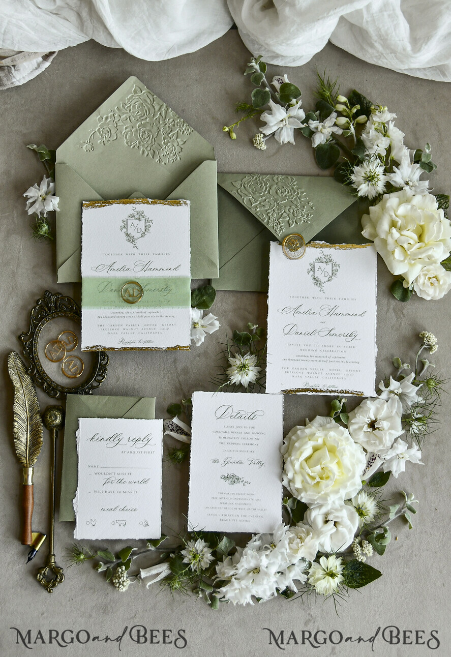 WEDDING INVITATIONS modern calligraphy / fine art Sage Green Fine Art Wedding Invitations – Deckled Edge Invitations with Silk Ribbon, Wax Seal & RSVP Options