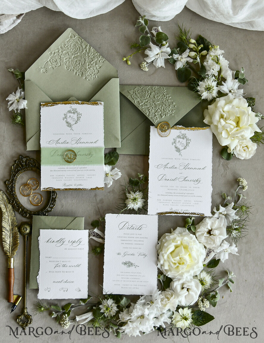 WEDDING INVITATIONS modern calligraphy / fine art Sage Green Fine Art Wedding Invitations – Deckled Edge Invitations with Silk Ribbon, Wax Seal & RSVP Options