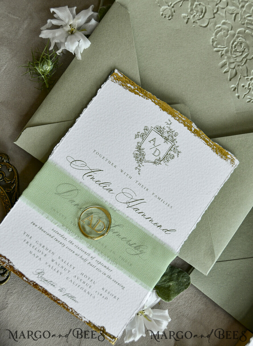 WEDDING INVITATIONS modern calligraphy / fine art Sage Green Fine Art Wedding Invitations – Deckled Edge Invitations with Silk Ribbon, Wax Seal & RSVP Options