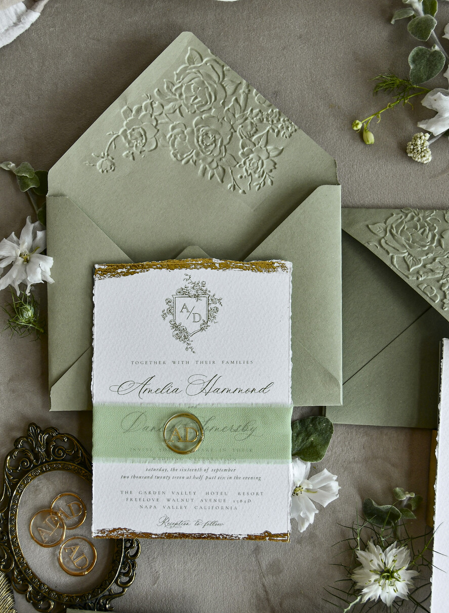 WEDDING INVITATIONS modern calligraphy / fine art Sage Green Fine Art Wedding Invitations – Deckled Edge Invitations with Silk Ribbon, Wax Seal & RSVP Options