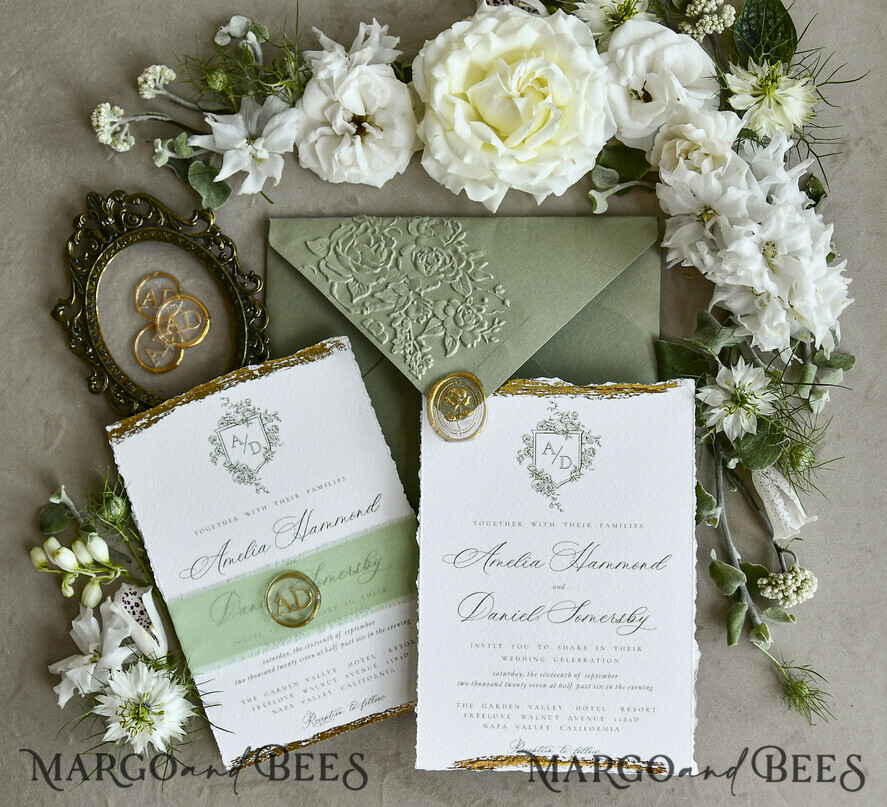 WEDDING INVITATIONS modern calligraphy / fine art Sage Green Fine Art Wedding Invitations – Deckled Edge Invitations with Silk Ribbon, Wax Seal & RSVP Options