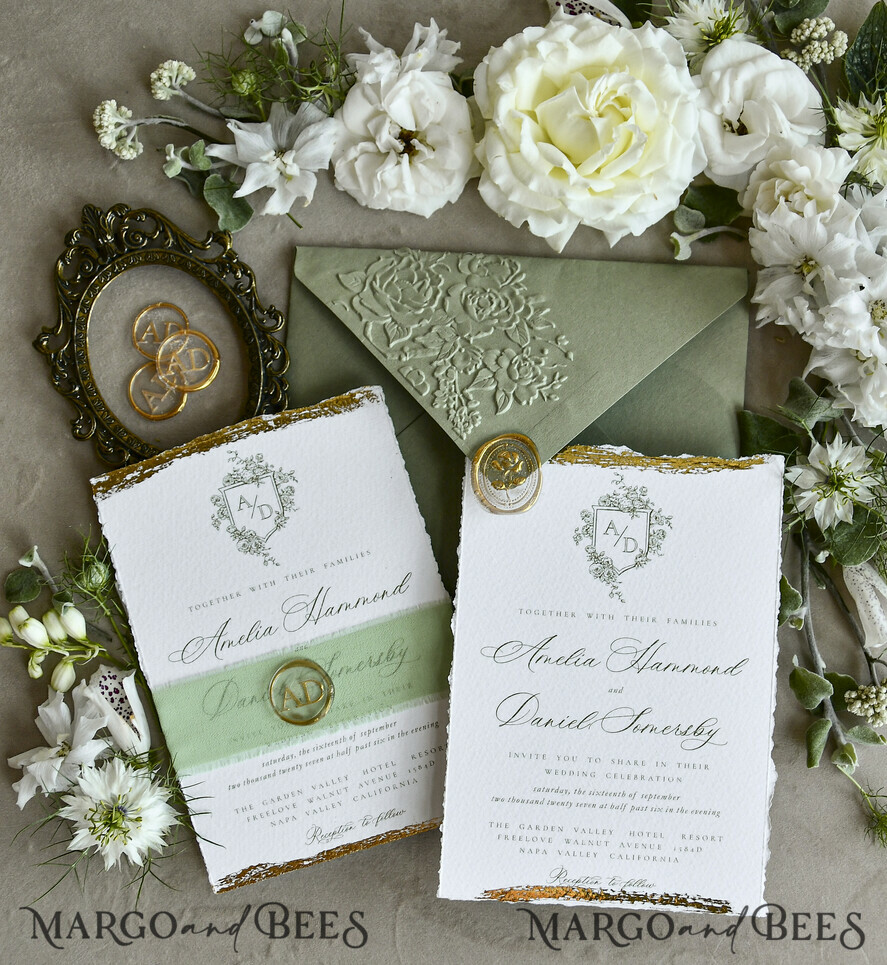 WEDDING INVITATIONS modern calligraphy / fine art Sage Green Fine Art Wedding Invitations – Deckled Edge Invitations with Silk Ribbon, Wax Seal & RSVP Options