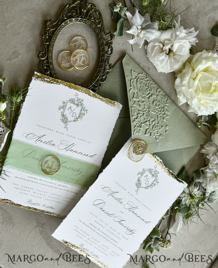 WEDDING INVITATIONS modern calligraphy / fine art Sage Green Fine Art Wedding Invitations – Deckled Edge Invitations with Silk Ribbon, Wax Seal & RSVP Options