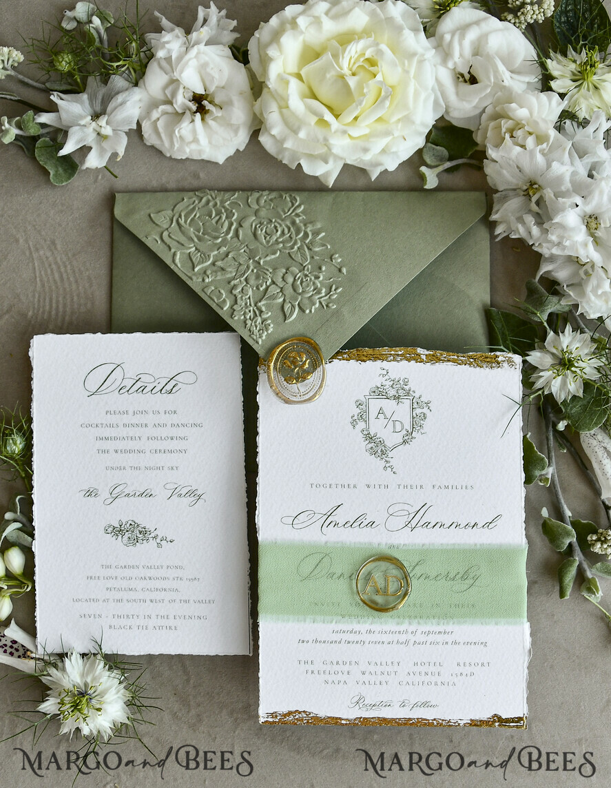 WEDDING INVITATIONS modern calligraphy / fine art Sage Green Fine Art Wedding Invitations – Deckled Edge Invitations with Silk Ribbon, Wax Seal & RSVP Options