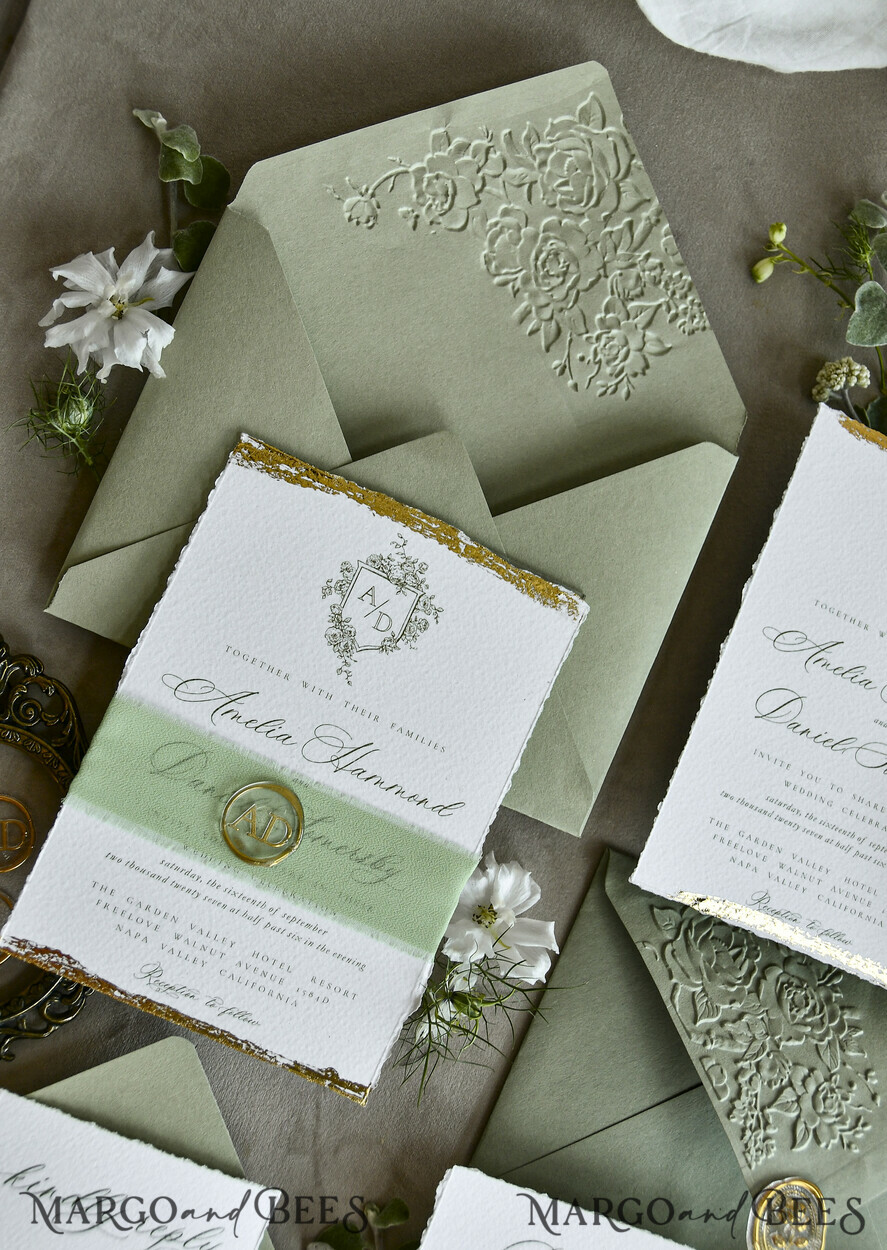 WEDDING INVITATIONS modern calligraphy / fine art Sage Green Fine Art Wedding Invitations – Deckled Edge Invitations with Silk Ribbon, Wax Seal & RSVP Options