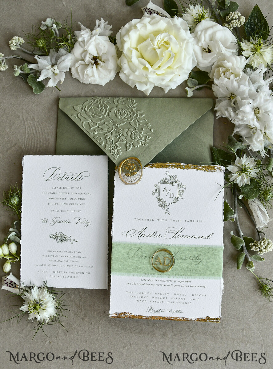 WEDDING INVITATIONS modern calligraphy / fine art Sage Green Fine Art Wedding Invitations – Deckled Edge Invitations with Silk Ribbon, Wax Seal & RSVP Options
