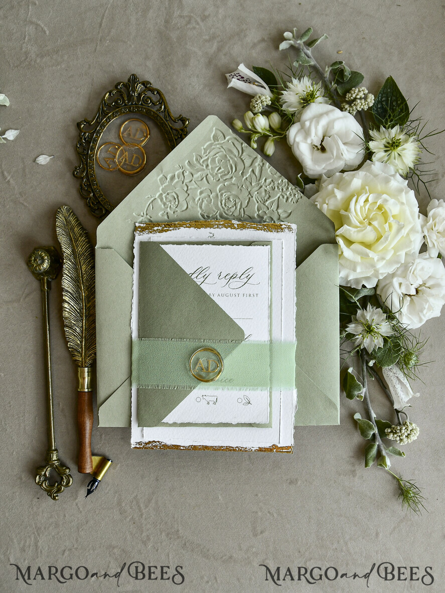 WEDDING INVITATIONS modern calligraphy / fine art Sage Green Fine Art Wedding Invitations – Deckled Edge Invitations with Silk Ribbon, Wax Seal & RSVP Options