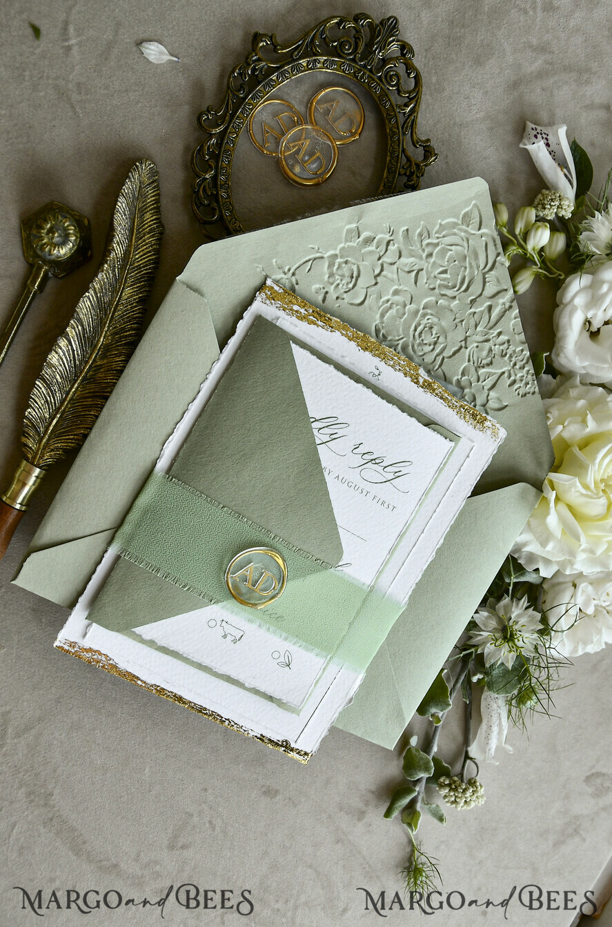 WEDDING INVITATIONS modern calligraphy / fine art Sage Green Fine Art Wedding Invitations – Deckled Edge Invitations with Silk Ribbon, Wax Seal & RSVP Options
