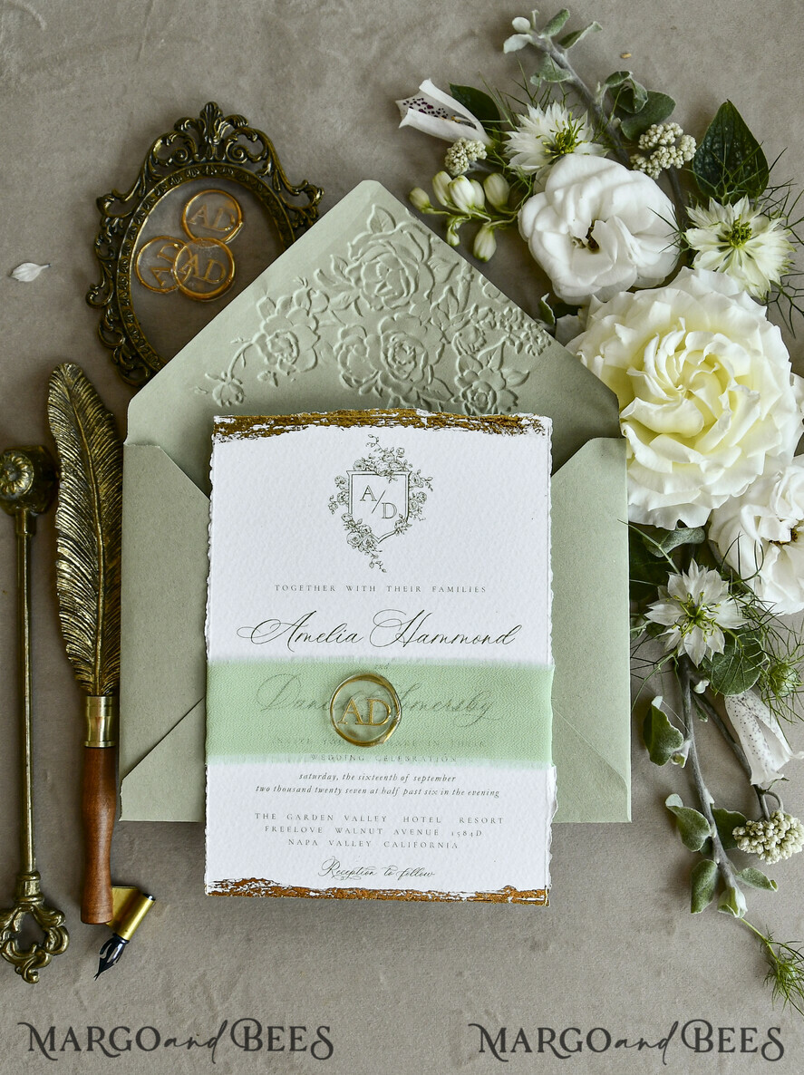 WEDDING INVITATIONS modern calligraphy / fine art Sage Green Fine Art Wedding Invitations – Deckled Edge Invitations with Silk Ribbon, Wax Seal & RSVP Options
