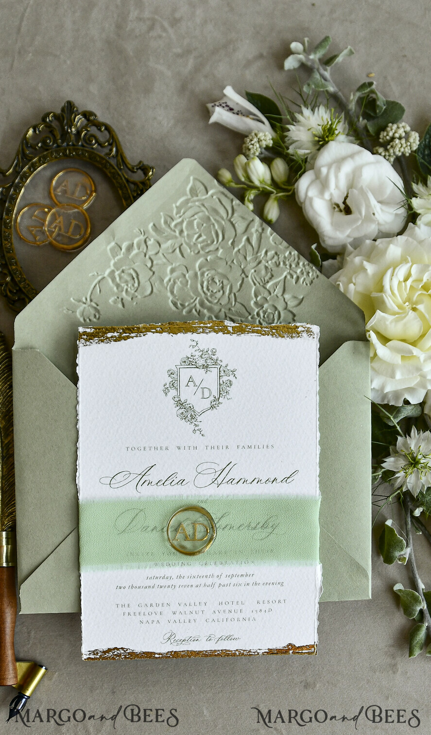 WEDDING INVITATIONS modern calligraphy / fine art Sage Green Fine Art Wedding Invitations – Deckled Edge Invitations with Silk Ribbon, Wax Seal & RSVP Options
