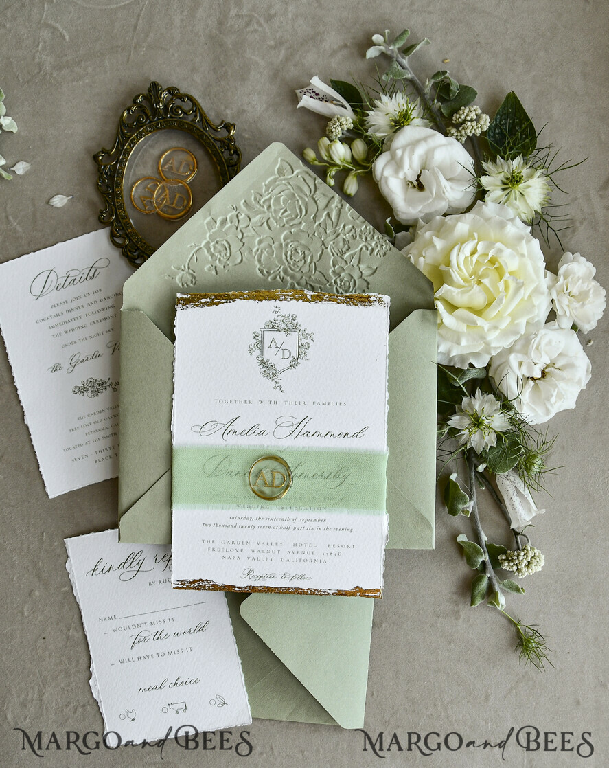 WEDDING INVITATIONS modern calligraphy / fine art Sage Green Fine Art Wedding Invitations – Deckled Edge Invitations with Silk Ribbon, Wax Seal & RSVP Options