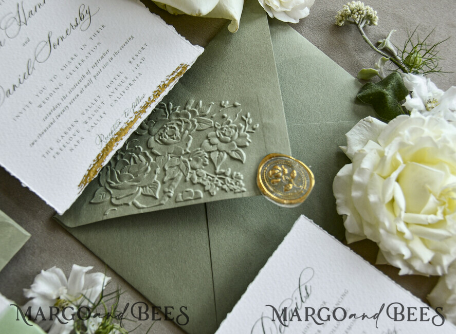 WEDDING INVITATIONS modern calligraphy / fine art Sage Green Fine Art Wedding Invitations – Deckled Edge Invitations with Silk Ribbon, Wax Seal & RSVP Options