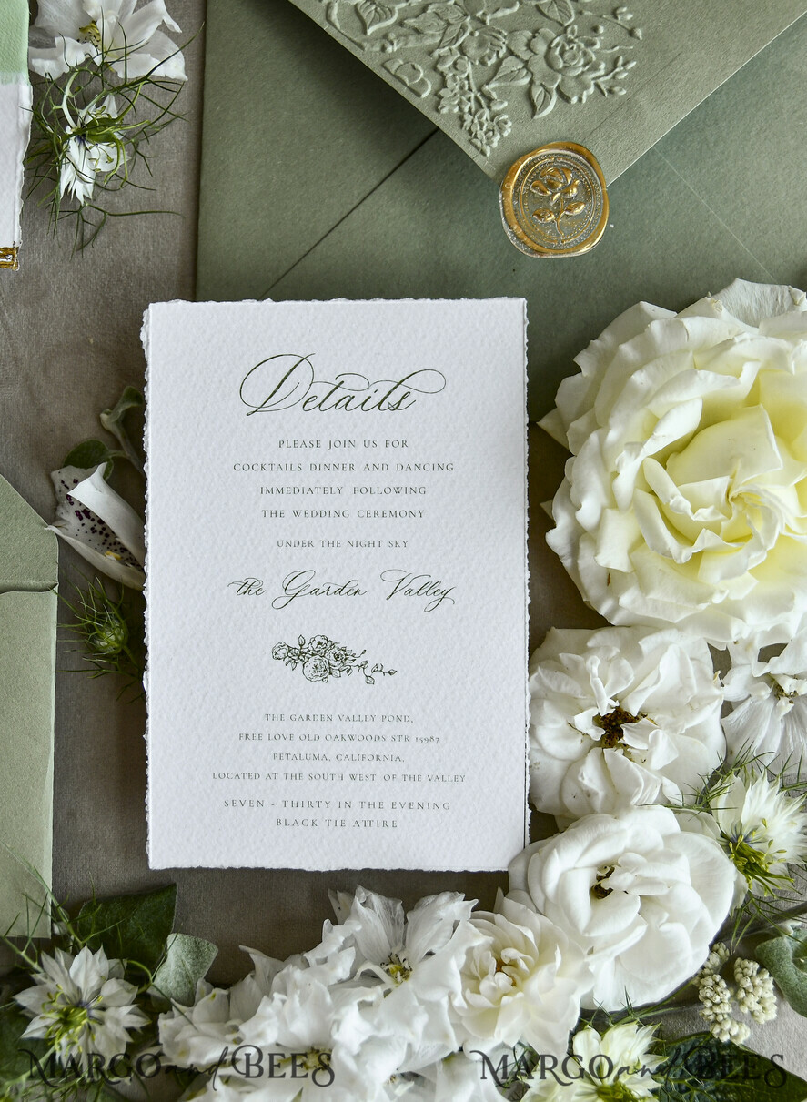 WEDDING INVITATIONS modern calligraphy / fine art Sage Green Fine Art Wedding Invitations – Deckled Edge Invitations with Silk Ribbon, Wax Seal & RSVP Options