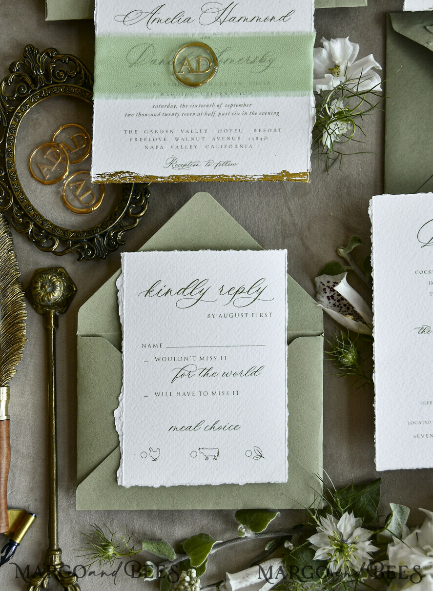 WEDDING INVITATIONS modern calligraphy / fine art Sage Green Fine Art Wedding Invitations – Deckled Edge Invitations with Silk Ribbon, Wax Seal & RSVP Options
