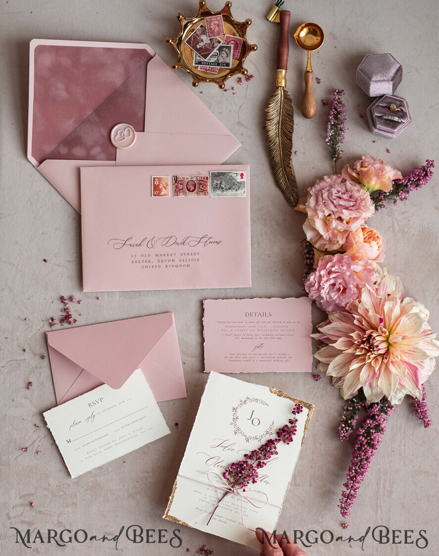 WEDDING INVITATIONS modern calligraphy / fine art Fine Art Ivory Gold Wedding Invitation, Real heather Floral Wedding Invitation, French Provence Invitation suite, Wreath Monogram wedding invitation suite, Deckled Edge Invites, Torn Edge Wedding Invitations golden, Fine Art Wedding Invitation Suite, Deckled Edge Paper