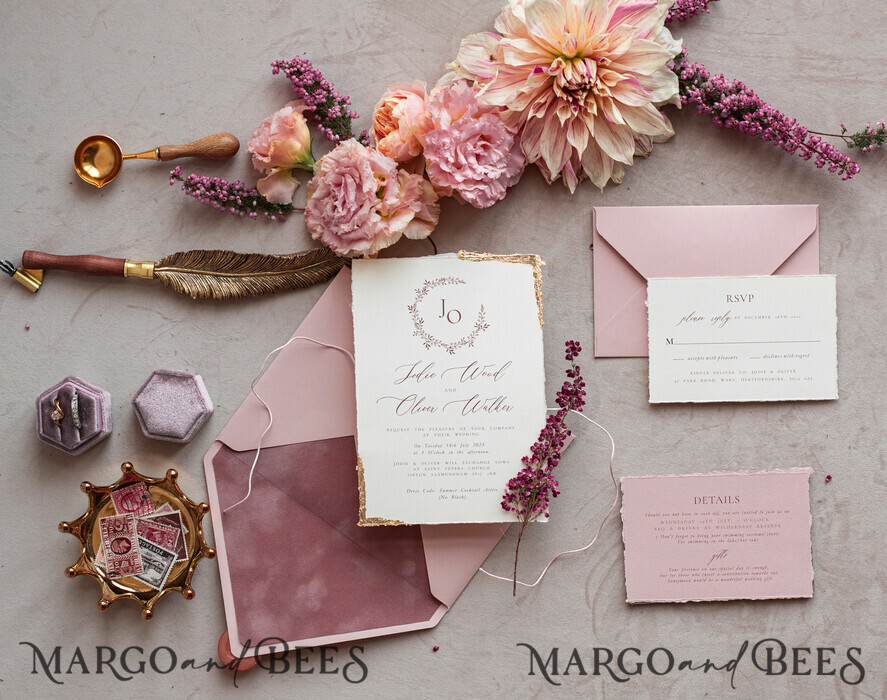 WEDDING INVITATIONS modern calligraphy / fine art Fine Art Ivory Gold Wedding Invitation, Real heather Floral Wedding Invitation, French Provence Invitation suite, Wreath Monogram wedding invitation suite, Deckled Edge Invites, Torn Edge Wedding Invitations golden, Fine Art Wedding Invitation Suite, Deckled Edge Paper