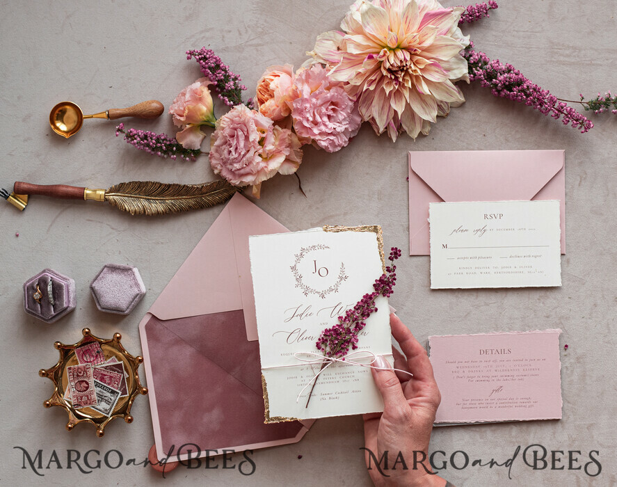 WEDDING INVITATIONS modern calligraphy / fine art Fine Art Ivory Gold Wedding Invitation, Real heather Floral Wedding Invitation, French Provence Invitation suite, Wreath Monogram wedding invitation suite, Deckled Edge Invites, Torn Edge Wedding Invitations golden, Fine Art Wedding Invitation Suite, Deckled Edge Paper