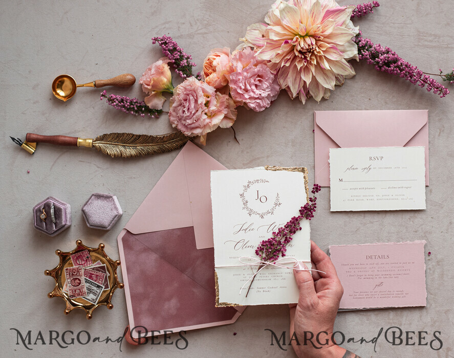 WEDDING INVITATIONS modern calligraphy / fine art Fine Art Ivory Gold Wedding Invitation, Real heather Floral Wedding Invitation, French Provence Invitation suite, Wreath Monogram wedding invitation suite, Deckled Edge Invites, Torn Edge Wedding Invitations golden, Fine Art Wedding Invitation Suite, Deckled Edge Paper