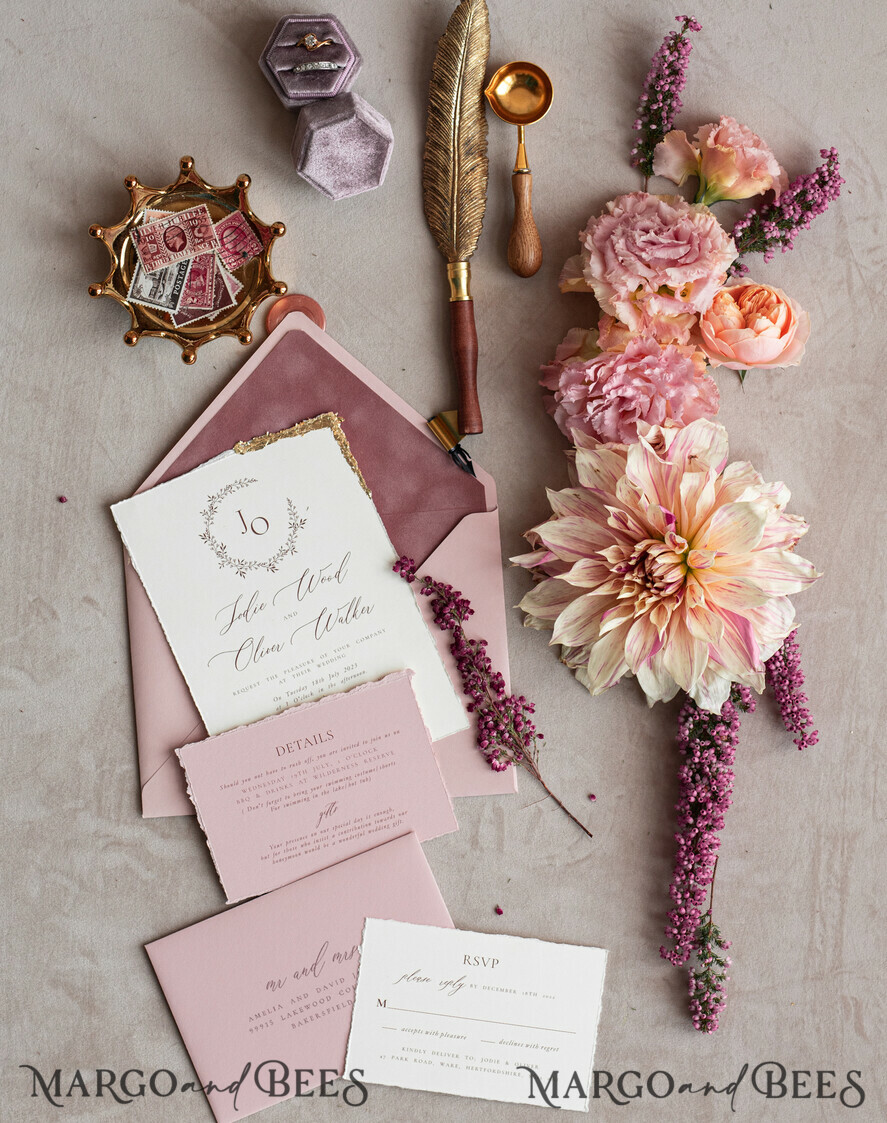 WEDDING INVITATIONS modern calligraphy / fine art Fine Art Ivory Gold Wedding Invitation, Real heather Floral Wedding Invitation, French Provence Invitation suite, Wreath Monogram wedding invitation suite, Deckled Edge Invites, Torn Edge Wedding Invitations golden, Fine Art Wedding Invitation Suite, Deckled Edge Paper