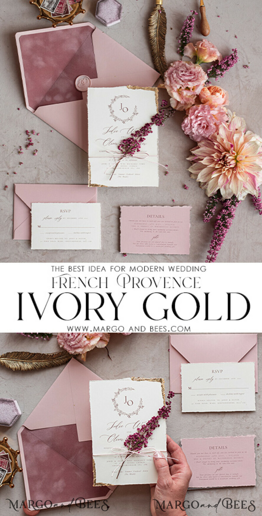 WEDDING INVITATIONS modern calligraphy / fine art Fine Art Ivory Gold Wedding Invitation, Real heather Floral Wedding Invitation, French Provence Invitation suite, Wreath Monogram wedding invitation suite, Deckled Edge Invites, Torn Edge Wedding Invitations golden, Fine Art Wedding Invitation Suite, Deckled Edge Paper