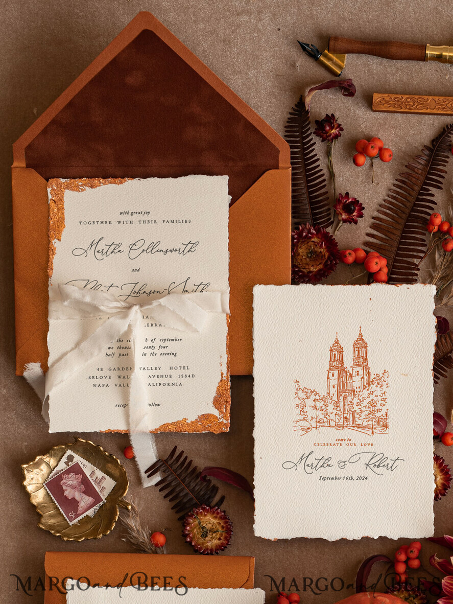 WEDDING INVITATIONS modern calligraphy / fine art Fine Art Ivory Copper Wedding Invitation, Venue Sketch Wedding Invitations, Vintage Golden Invites suite, Custom Wedding Venue invitation, Deckled Edge Terracotta Invites with rsvp