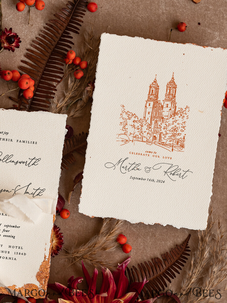 WEDDING INVITATIONS modern calligraphy / fine art Fine Art Ivory Copper Wedding Invitation, Venue Sketch Wedding Invitations, Vintage Golden Invites suite, Custom Wedding Venue invitation, Deckled Edge Terracotta Invites with rsvp