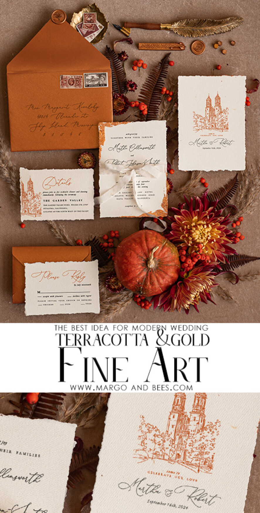 WEDDING INVITATIONS modern calligraphy / fine art Fine Art Ivory Copper Wedding Invitation, Venue Sketch Wedding Invitations, Vintage Golden Invites suite, Custom Wedding Venue invitation, Deckled Edge Terracotta Invites with rsvp